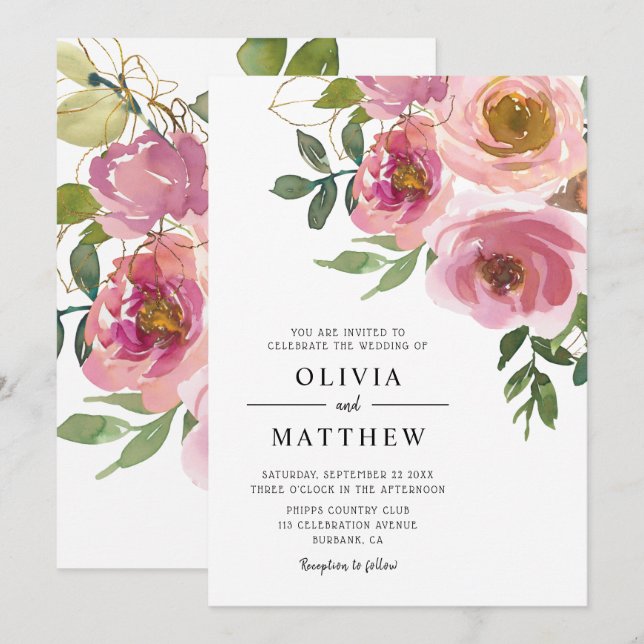 Modern Peach Blush Watercolor Floral Wedding Invitation (Front/Back)