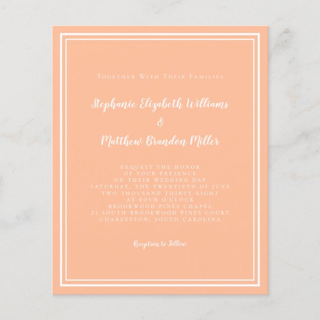 Modern Peach Budget Simple Chic Wedding Invitation (Front)