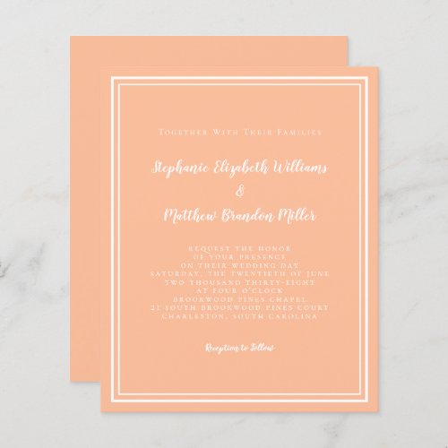 Modern Peach Budget Simple Chic Wedding Invitation