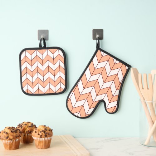 Modern Peach Burgundy Herringbone Oven Mitt  Pot Holder Set