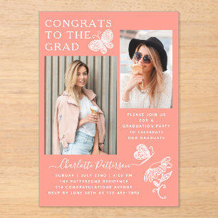 Modern Peach Butterfly Photo Graduation Party Acrylic Invitations
