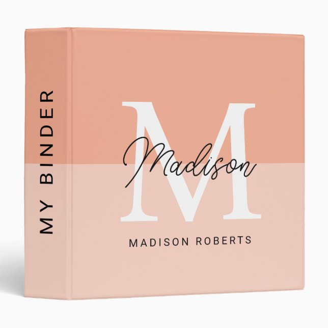 Modern Peach Color Monogram Name  3 Ring Binder (Front/Spine)