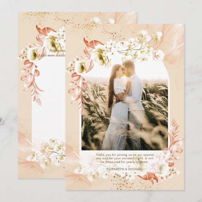 Modern Peach Coral Floral PHOTO THANK YOU Card (Front/Back)