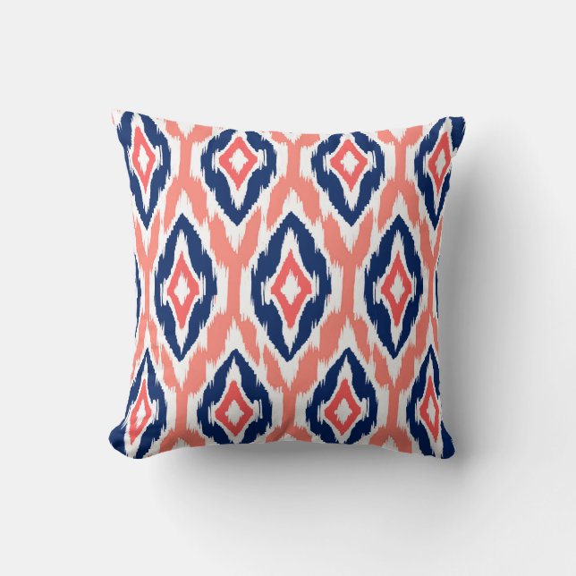 Modern peach coral navy Ikat Tribal Pattern 1a Throw Pillow (Front)