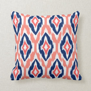 Modern peach coral navy Ikat Tribal Pattern 1a Throw Pillow