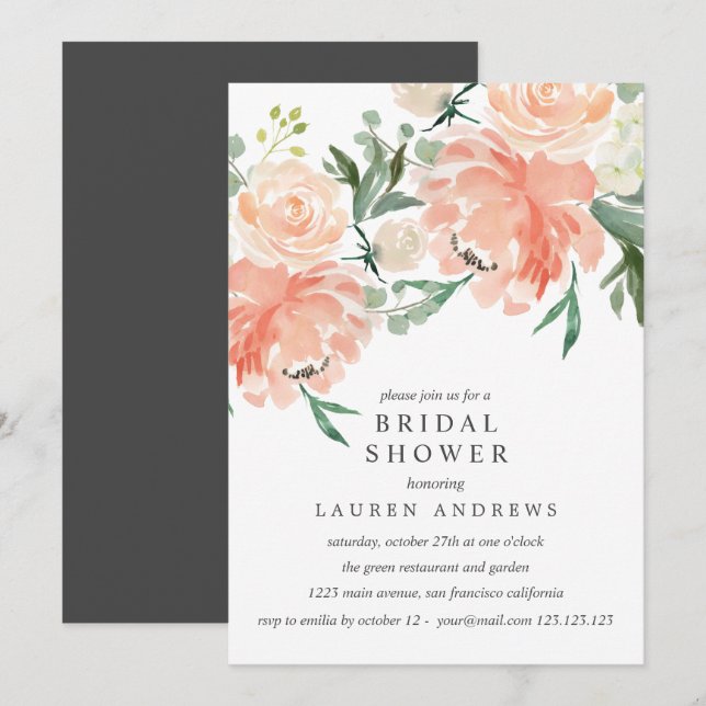 Modern Peach Coral Pink Bouquet Bridal Shower  Inv Invitation (Front/Back)
