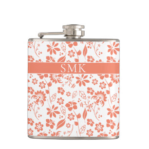 Modern Peach Coral Tropical Flowers Monogram Flask