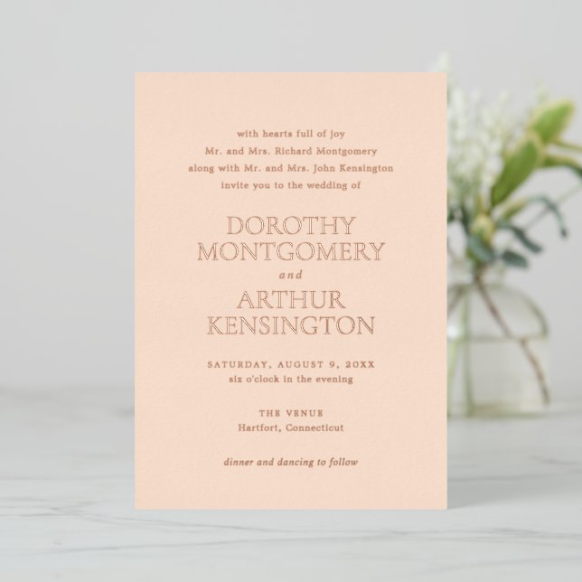 Modern Peach Elegant Wedding Foil Invitation (Standing Front)
