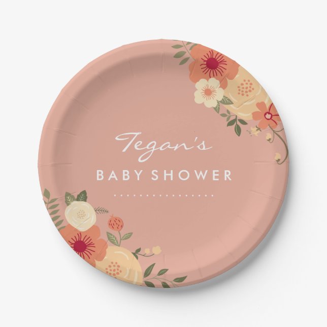 Modern Peach Floral Baby Shower Paper Plates (Front)
