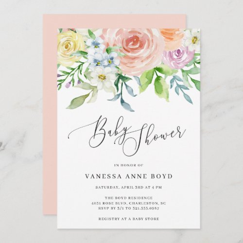 Modern Peach Floral Elegant Baby Shower Invitation