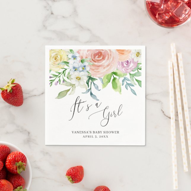 Modern Peach Floral Elegant Baby Shower Napkins (Insitu)
