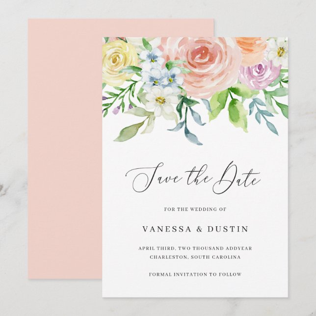 Modern Peach Floral Elegant Wedding Save The Date (Front/Back)