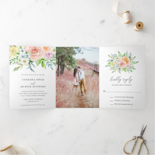 Modern Peach Floral Elegant Wedding Tri-Fold Invitation
