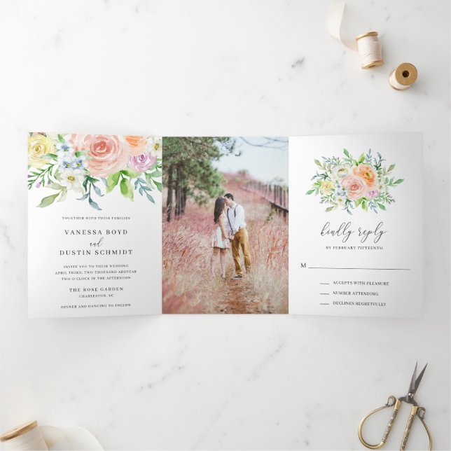 Modern Peach Floral Elegant Wedding Tri-Fold Invitation (Inside)