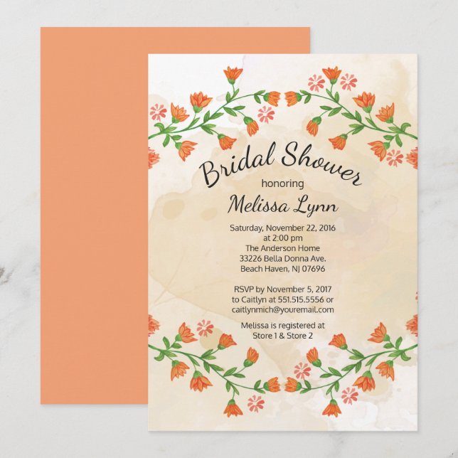 Modern Peach Floral Fall Bridal Shower Invitation (Front/Back)