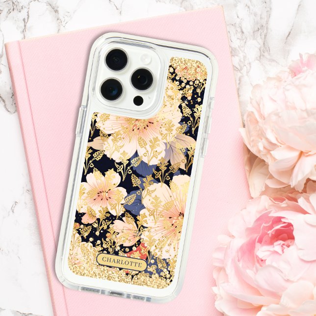 Modern Peach Floral Glitter Chic Personalized Name Speck iPhone Case (Creator Uploaded)