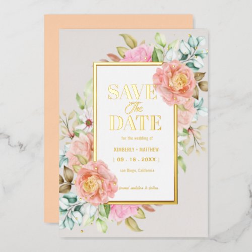 Modern Peach Floral Greenery Wedding Save the Date Foil Invitation