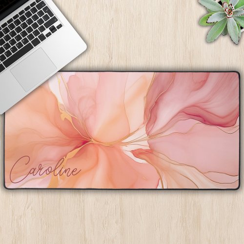 Modern Peach Floral Name Feminine Watercolor Desk Mat