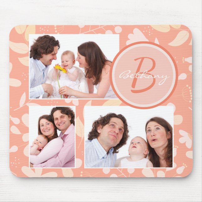 Modern Peach Floral Pattern Personalised Photo Mouse Pad (Front)