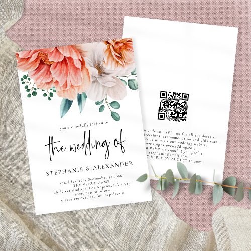 Modern Peach Florals Script QR Code Wedding Invitation