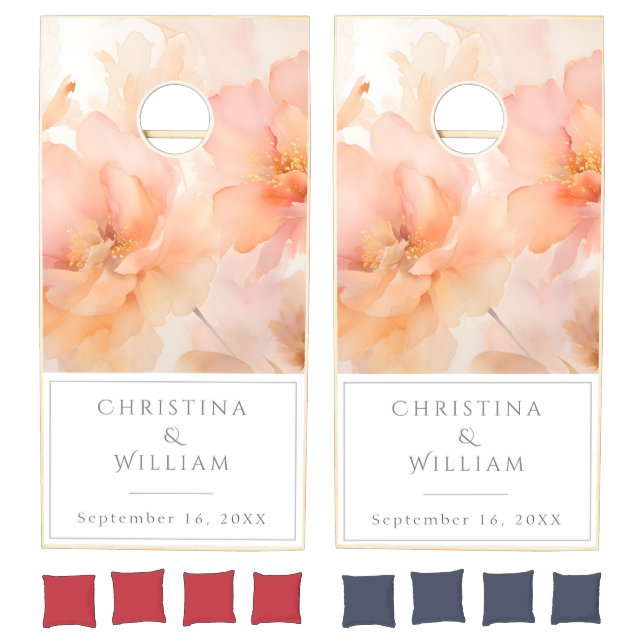 Modern Peach Flower Wedding Cornhole Set (Set)
