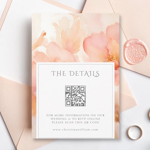Modern Peach Flower Wedding Details QR Code Enclosure Card