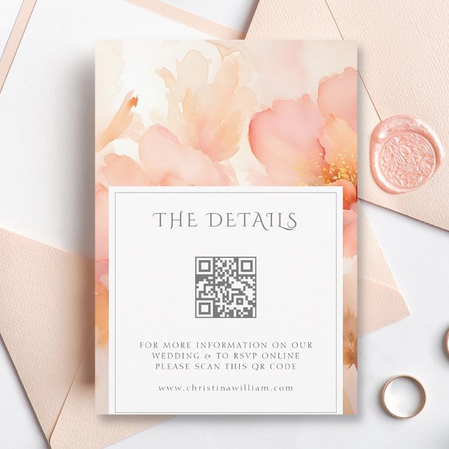 Modern Peach Flower Wedding Details QR Code Enclosure Card (Creator Uploaded)