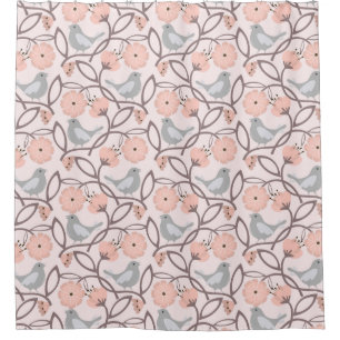 Modern Peach Flowers and Gray Birds Shower Curtain