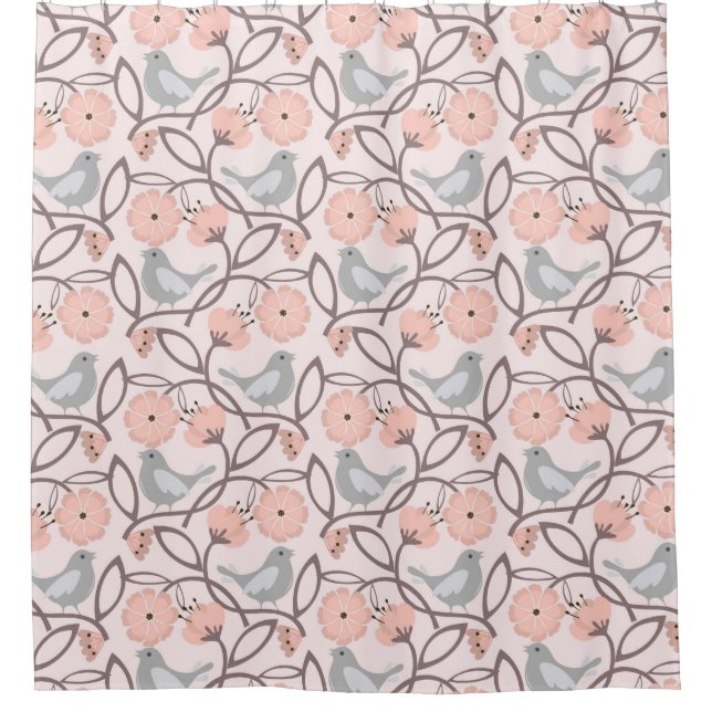 Modern Peach Flowers and Gray Birds Shower Curtain (Front)