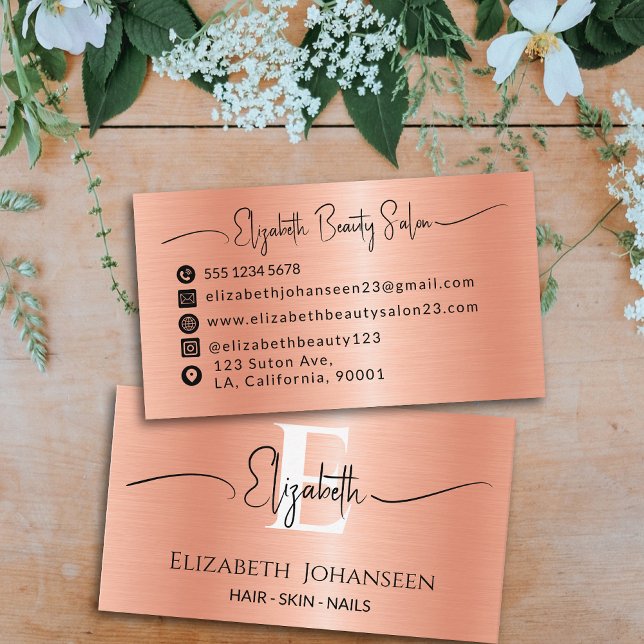 Modern Peach Fuzz Brushed Metal Girly Monogrammed Business Card (Creator Uploaded)