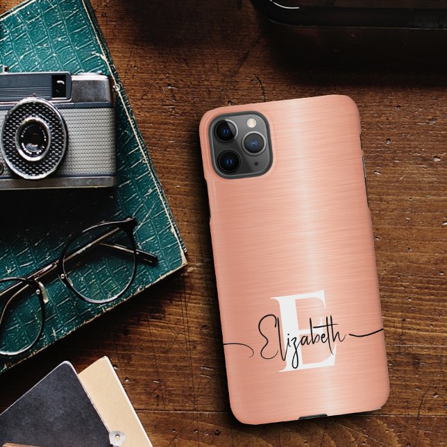 Modern Peach Fuzz Brushed Metallic Monogram Script iPhone Case (Creator Uploaded)