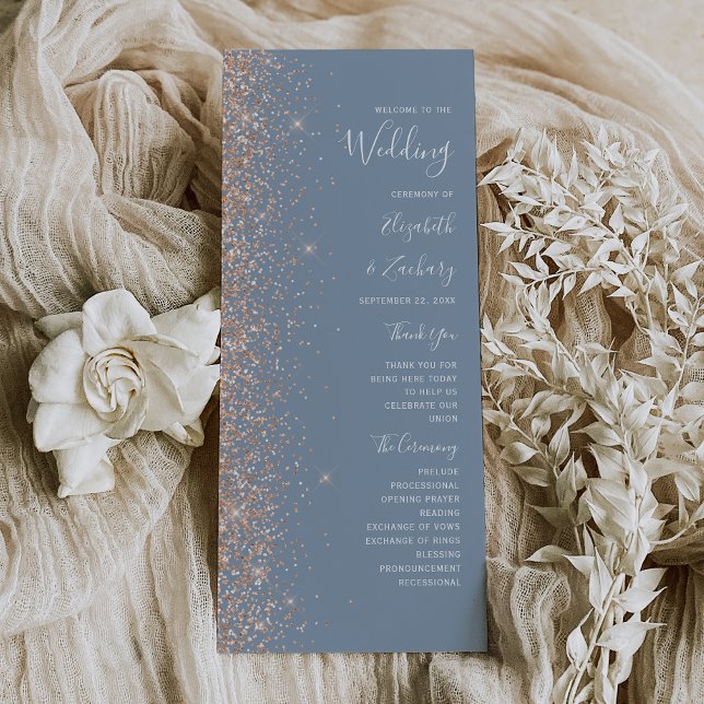 Modern Peach Glitter Dusty Blue Wedding Program (Creator Uploaded)