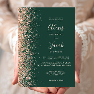 Modern Peach Glitter Edge Emerald Green Wedding Invitation