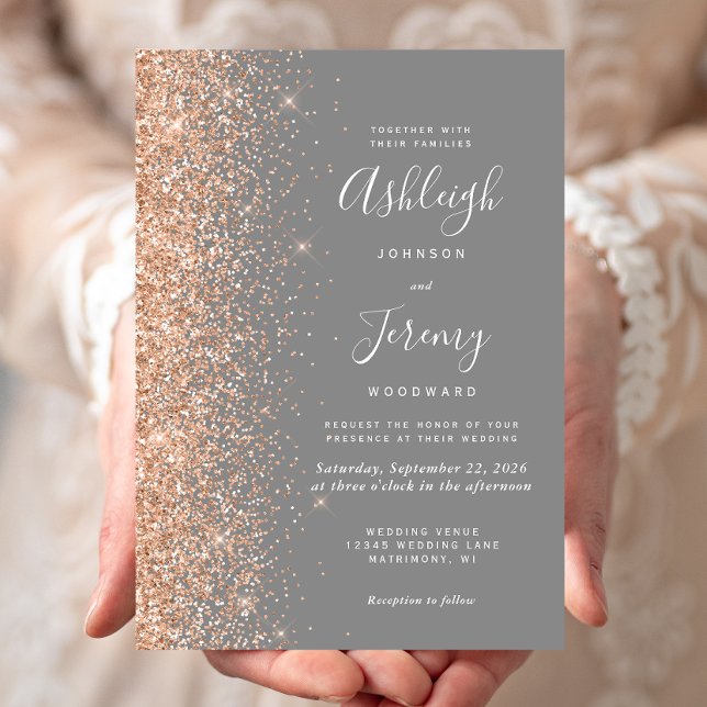 Modern Peach Glitter Edge Gray Wedding Invitation (Creator Uploaded)