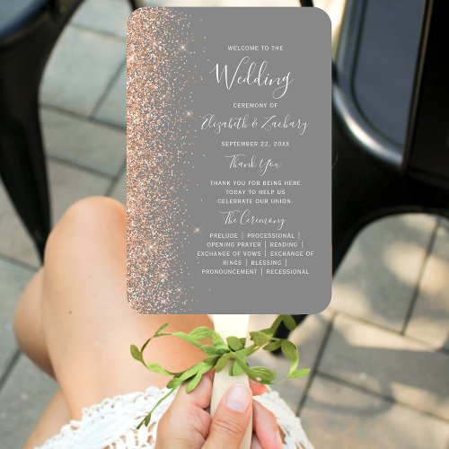 Modern Peach Glitter Edge Gray Wedding Program Hand Fan