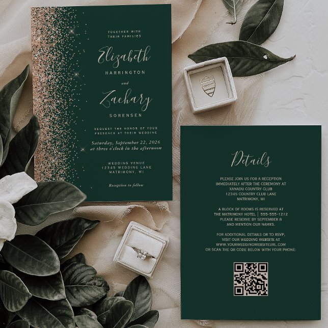 Modern Peach Glitter Emerald Green QR Code Wedding Invitation (Creator Uploaded)