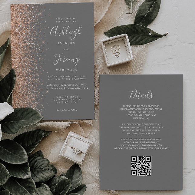 Modern Peach Glitter Gray QR Code Wedding Invitation (Creator Uploaded)