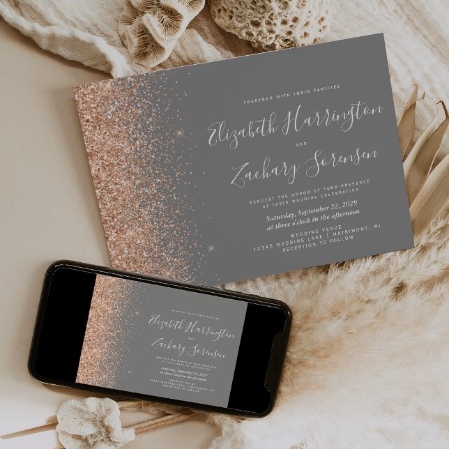 Modern Peach Glitter Gray Wedding Invitation (Creator Uploaded)
