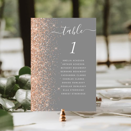 Modern Peach Glitter Gray Wedding Table Number