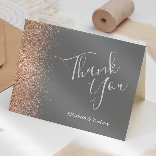 Modern Peach Glitter Gray Wedding Thank You Card