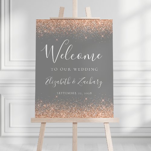 Modern Peach Glitter Gray Wedding Welcome Foam Board