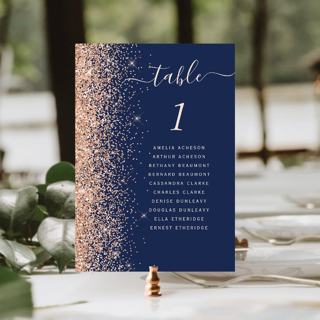 Modern Peach Glitter Navy Blue Wedding Table Number (Creator Uploaded)
