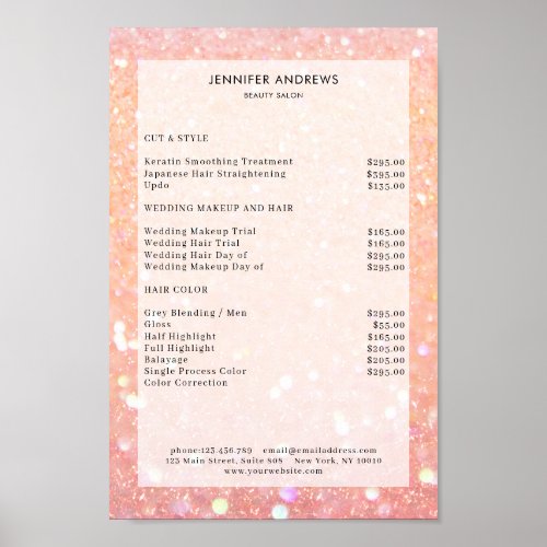 Modern Peach Glitter Salon Price List Poster