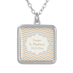 Modern peach, grey, ivory chevron pattern custom silver plated necklace