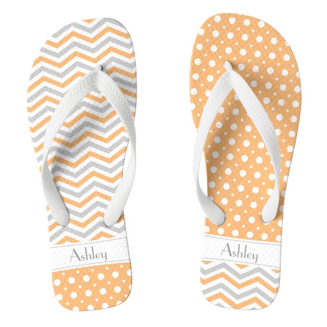 Modern peach, grey, white chevron & polka dot flip flops (Footbed)