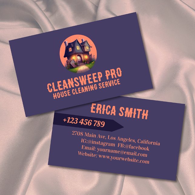 Modern Peach House Cleaner Maid Service Logo Business Card (Creator Uploaded)