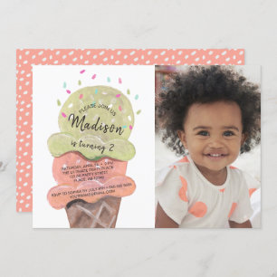 Modern Peach Ice Cream Birthday Party Photo Invitation