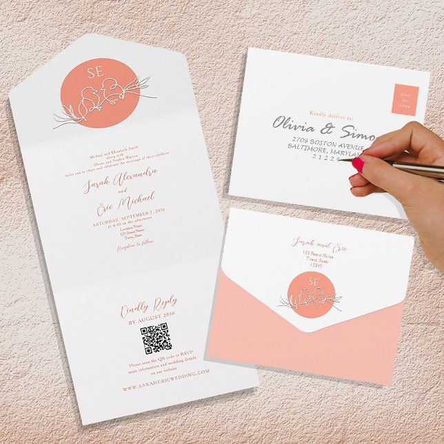Modern Peach Lovebirds Monogram Wedding All In One Invitation (Creator Uploaded)