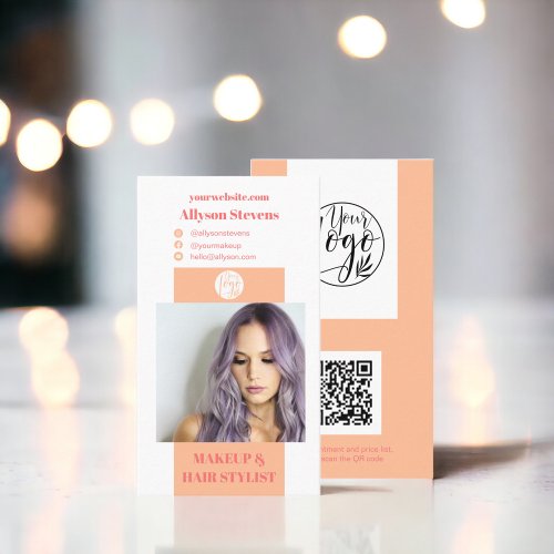 Modern peach makeup hair photo qr code logo business card