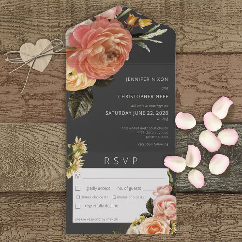 Modern Peach Mimosa Floral Black Dinner All In One Invitation